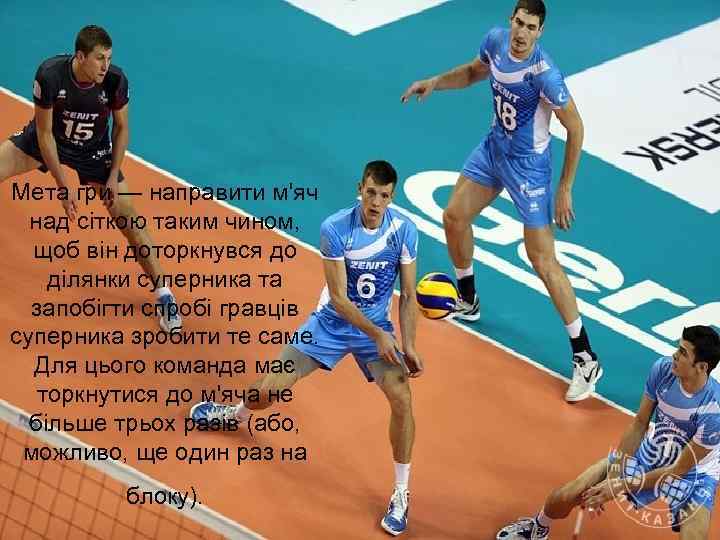 Мета гри — направити м'яч над сіткою таким чином, щоб він доторкнувся до ділянки
