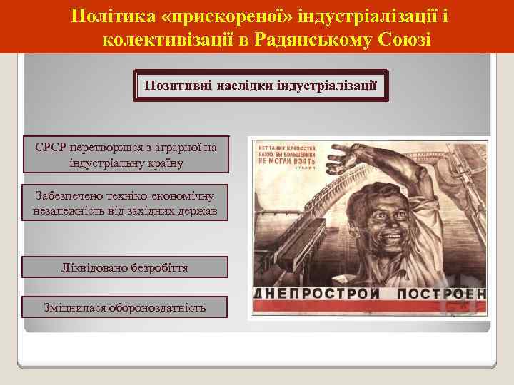 Політика «прискореної» індустріалізації і колективізації в Радянському Союзі Позитивні наслідки індустріалізації СРСР перетворився з