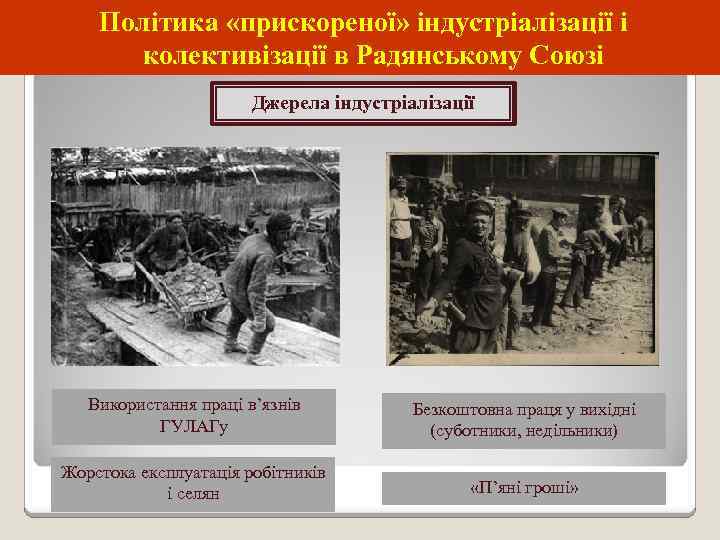 Політика «прискореної» індустріалізації і колективізації в Радянському Союзі Джерела індустріалізації Використання праці в’язнів ГУЛАГу