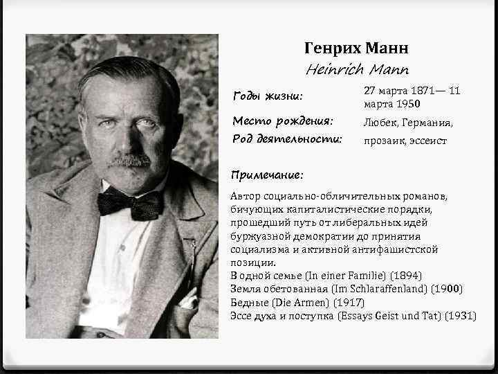 Генрих Манн Heinrich Mann Годы жизни: 27 марта 1871- 11 марта 1950 Место ро...