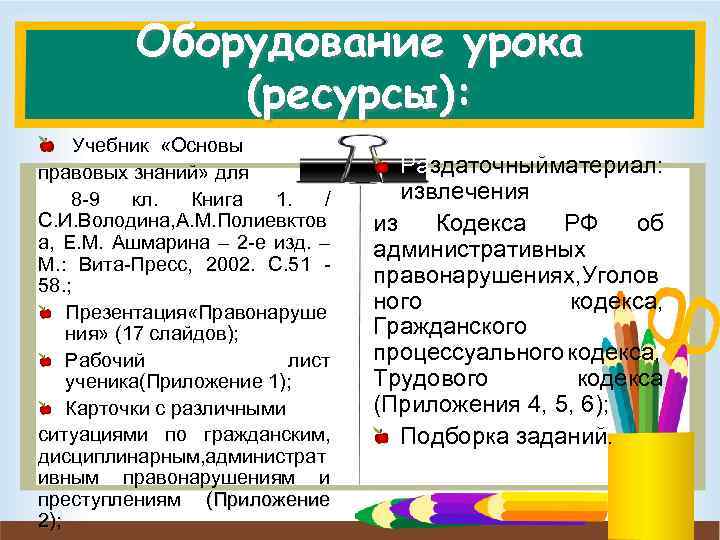 Оборудование урока (ресурсы): Учебник «Основы правовых знаний» для 8 -9 кл. Книга 1. /