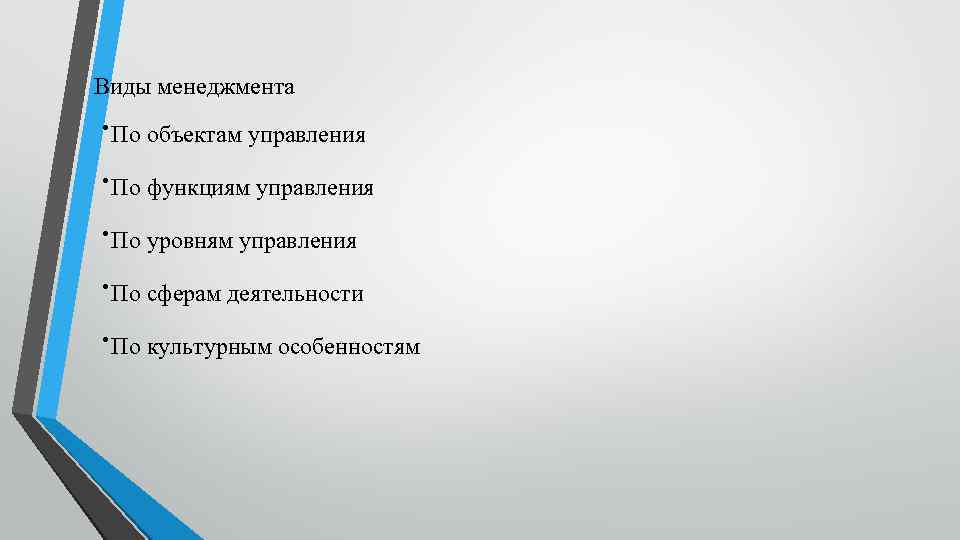 Виды менеджмента ∙По объектам управления ∙По функциям управления ∙По уровням управления ∙По сферам деятельности