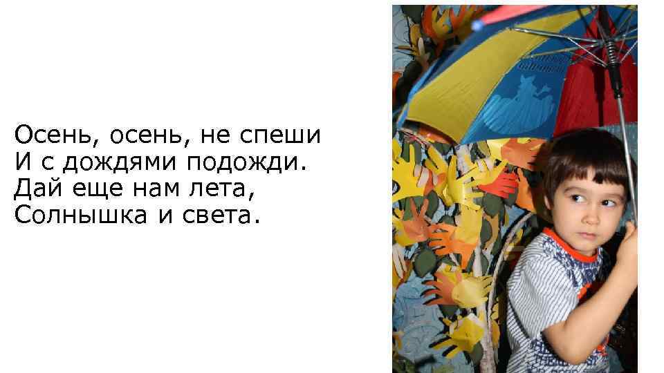 Осень, осень, не спеши И с дождями подожди. Дай еще нам лета, Солнышка и
