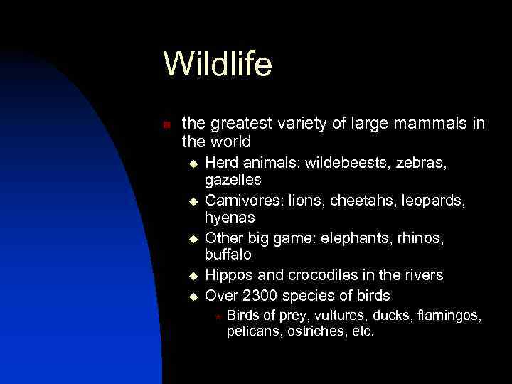 Wildlife n the greatest variety of large mammals in the world u u u