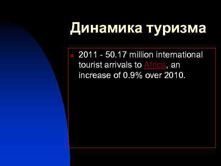 Динамика туризма n 2011 - 50. 17 million international tourist arrivals to Africa, an