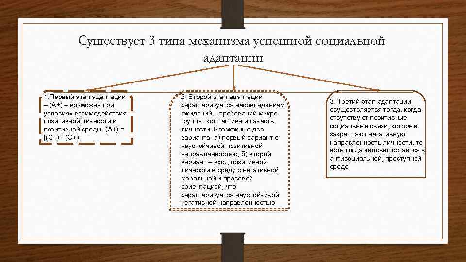 Существует 3 типа механизма успешной социальной адаптации 1. Первый этап адаптации – (А+) –