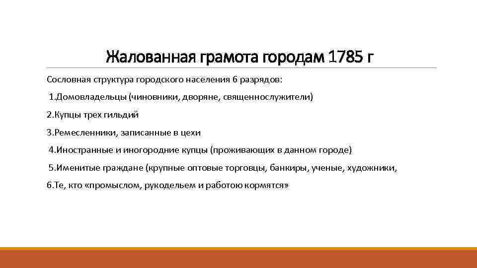 Жалованная грамота городам 1785 г Сословная структура городского населения 6 разрядов: 1. Домовладельцы (чиновники,