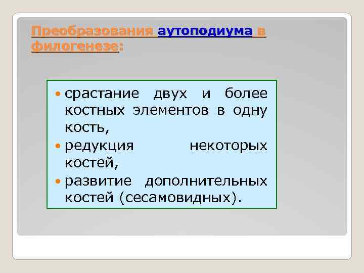 Преобразования аутоподиума в филогенезе: срастание двух и более костных элементов в одну кость, редукция