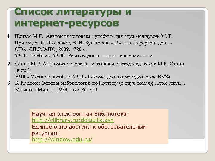 Список литературы и интернет-ресурсов 1 Привес М. Г. Анатомия человека : учебник для студ.