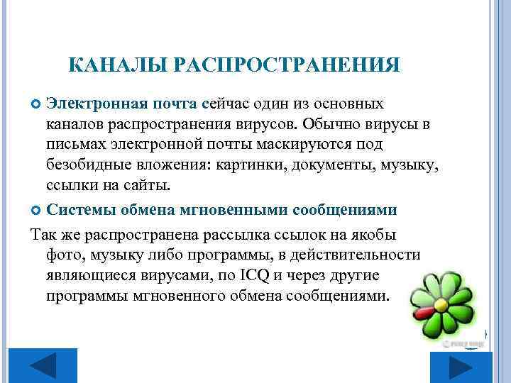 КАНАЛЫ РАСПРОСТРАНЕНИЯ Электронная почта сейчас один из основных каналов распространения вирусов. Обычно вирусы в