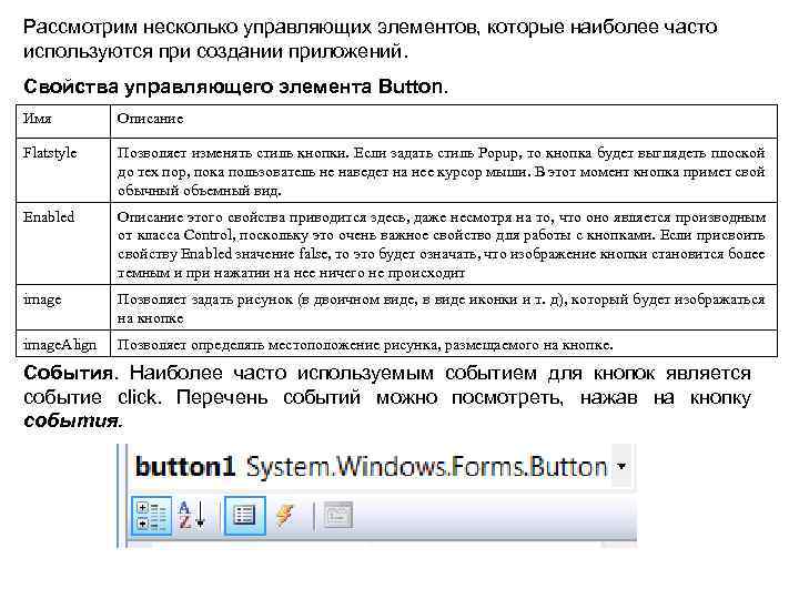 Рассмотрим несколько управляющих элементов, которые наиболее часто используются при создании приложений. Свойства управляющего элемента
