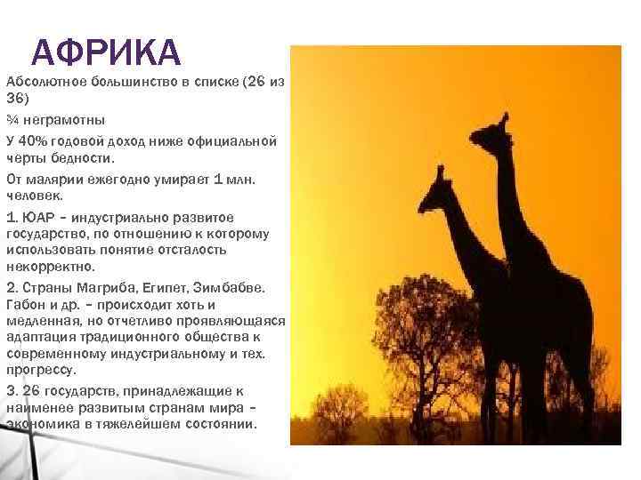 АФРИКА Абсолютное большинство в списке (26 из 36) ¾ неграмотны У 40% годовой доход