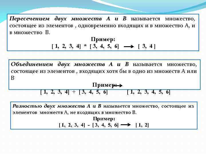 Пересечением двух множеств А и В называется множество, состоящее из элементов , одновременно входящих