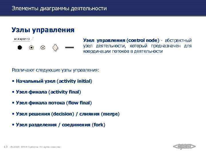 Элементы диаграммы деятельности Узлы управления Узел управления (control node) - абстрактный узел деятельности, который