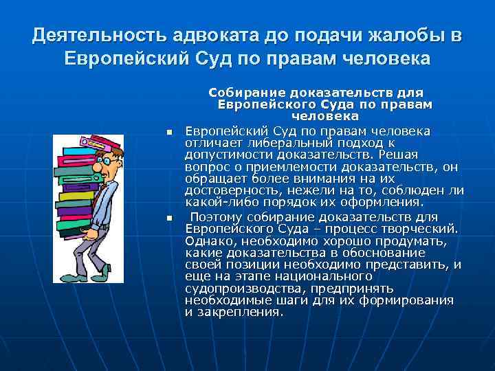 Деятельность адвоката до подачи жалобы в Европейский Суд по правам человека n n Собирание
