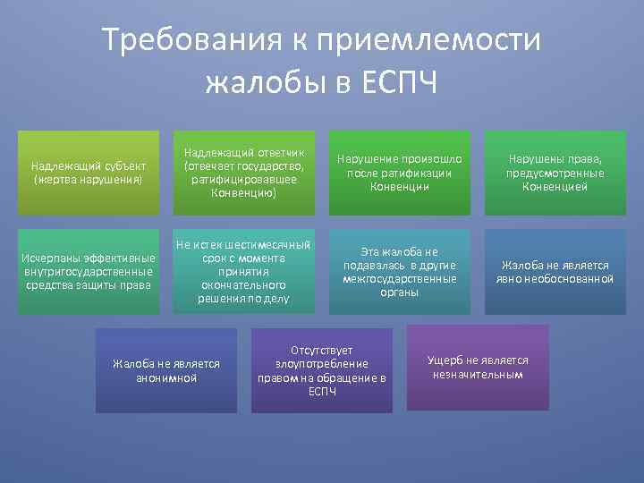 Требования к приемлемости жалобы в ЕСПЧ Надлежащий субъект (жертва нарушения) Надлежащий ответчик (отвечает государство,