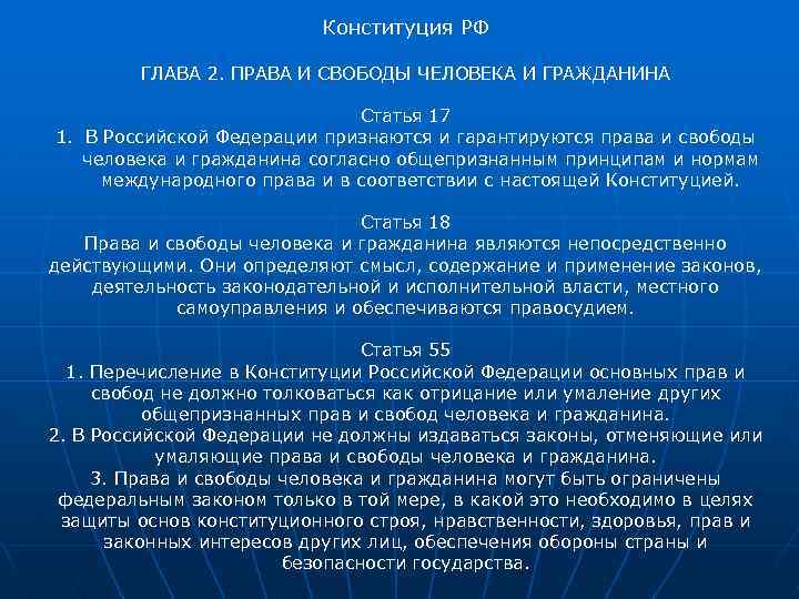 Конституция РФ ГЛАВА 2. ПРАВА И СВОБОДЫ ЧЕЛОВЕКА И ГРАЖДАНИНА Статья 17 1. В