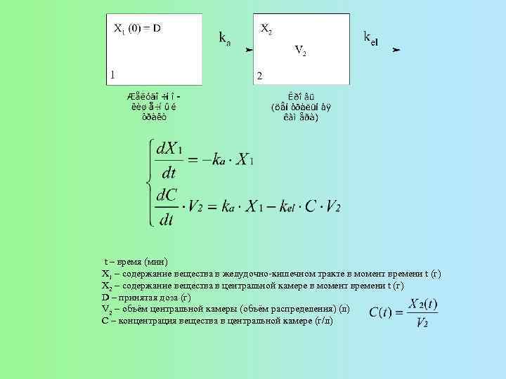  t – время (мин) X 1 – содержание вещества в желудочно-кишечном тракте в