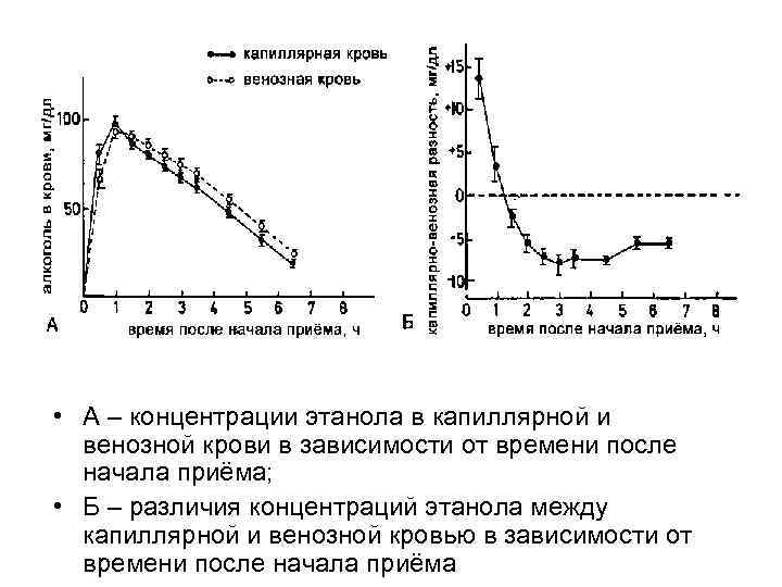 • А – концентрации этанола в капиллярной и венозной крови в зависимости от