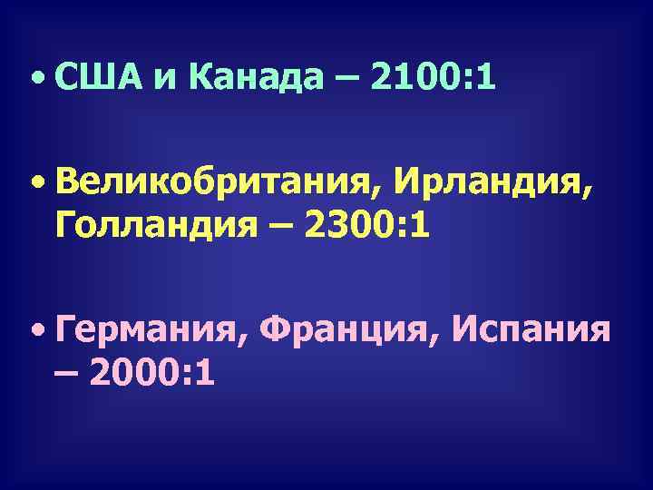  • США и Канада – 2100: 1 • Великобритания, Ирландия, Голландия – 2300: