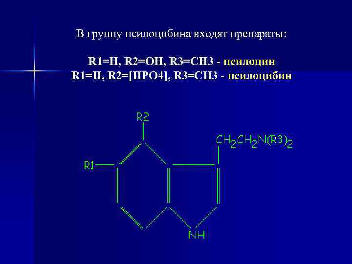 В гpуппу псилоцибина входят препараты: R 1=H, R 2=OH, R 3=CH 3 - псилоцин