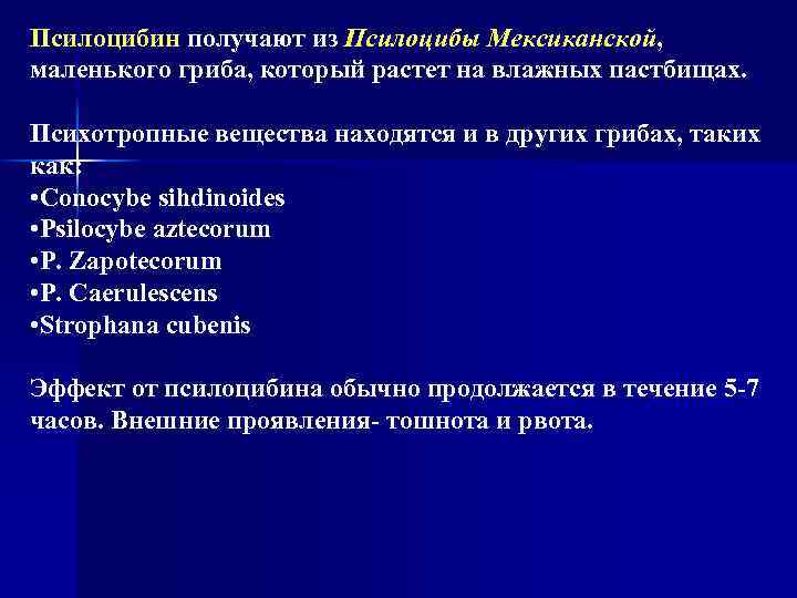 Псилоцибин получают из Псилоцибы Мексиканской, маленького гриба, который растет на влажных пастбищах. Психотропные вещества