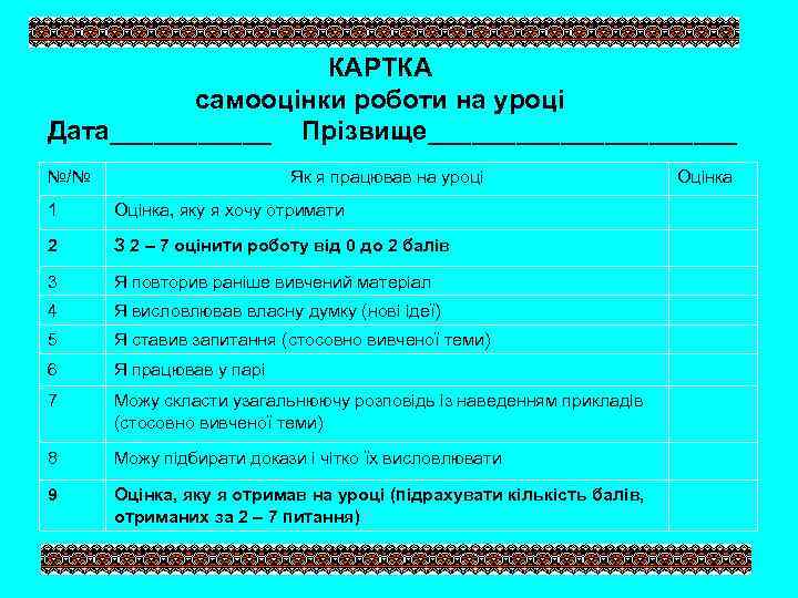 КАРТКА самооцінки роботи на уроці Дата______ Прізвище___________ №/№ Як я працював на уроці 1