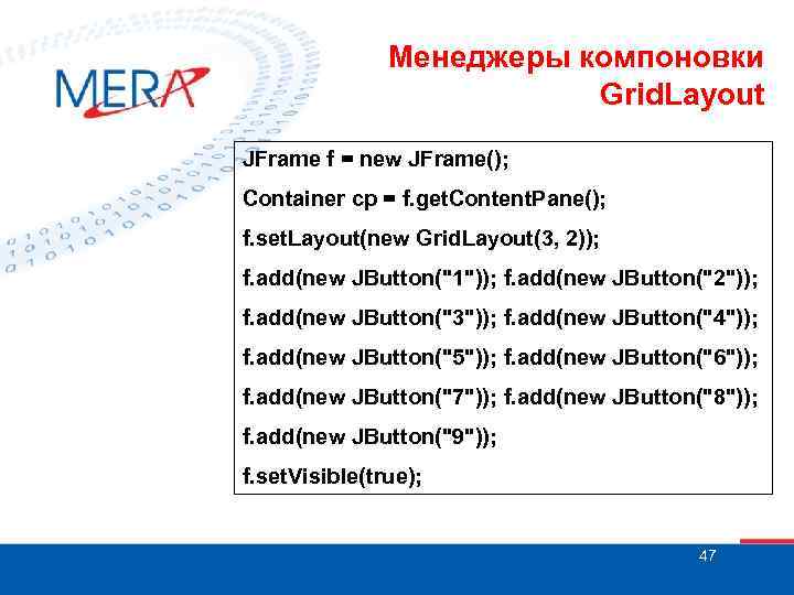 Менеджеры компоновки Grid. Layout JFrame f = new JFrame(); Container cp = f. get.