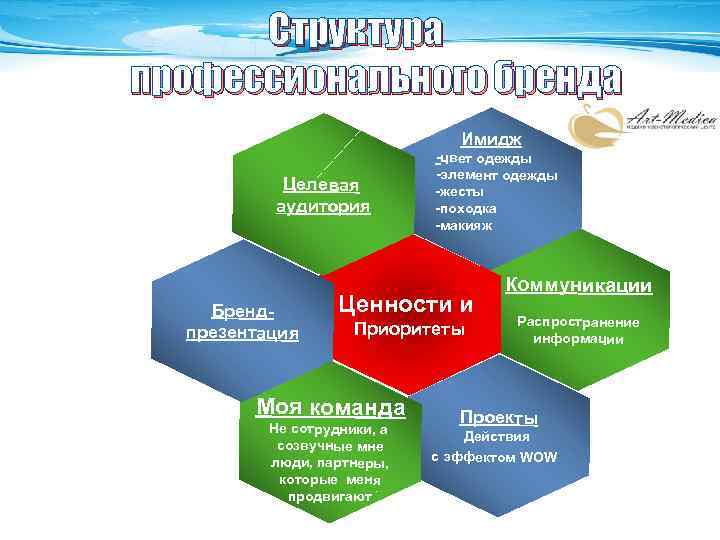 Структура профессионального бренда Имидж Целевая аудитория Брендпрезентация -цвет одежды -элемент одежды -жесты -походка -макияж