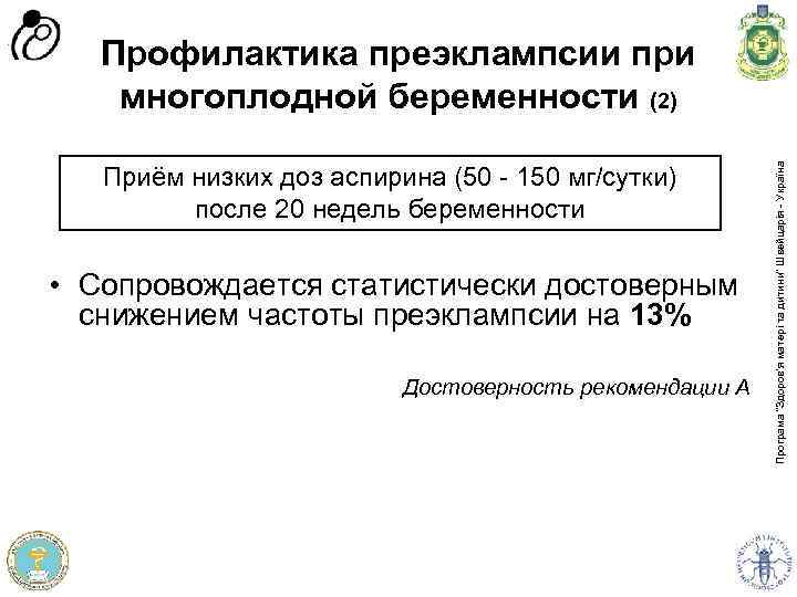 Приём низких доз аспирина (50 - 150 мг/сутки) после 20 недель беременности • Сопровождается