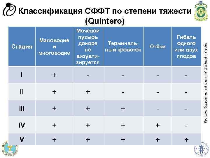 Стадия Маловодие и многоводие Мочевой пузырь донора не визуализируется Терминальный кровоток Отёки Гибель одного