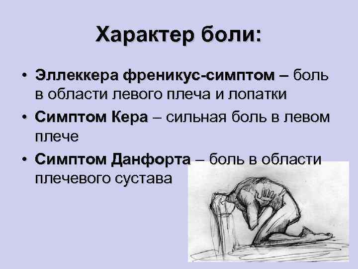 Характер боли: • Эллеккера френикус-симптом – боль в области левого плеча и лопатки •