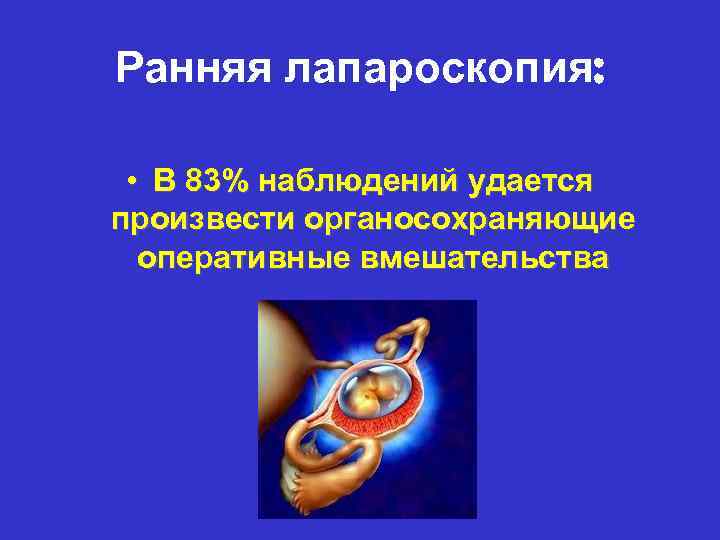 Ранняя лапароскопия: • В 83% наблюдений удается произвести органосохраняющие оперативные вмешательства 