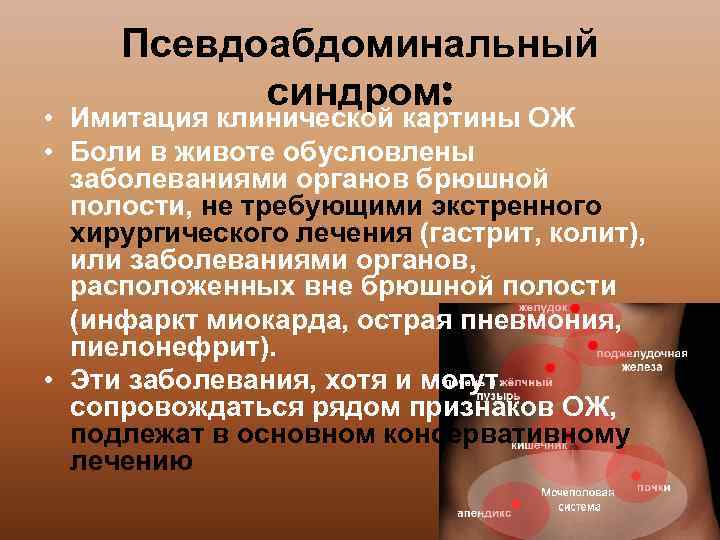 Псевдоабдоминальный синдром: • Имитация клинической картины ОЖ • Боли в животе обусловлены заболеваниями органов