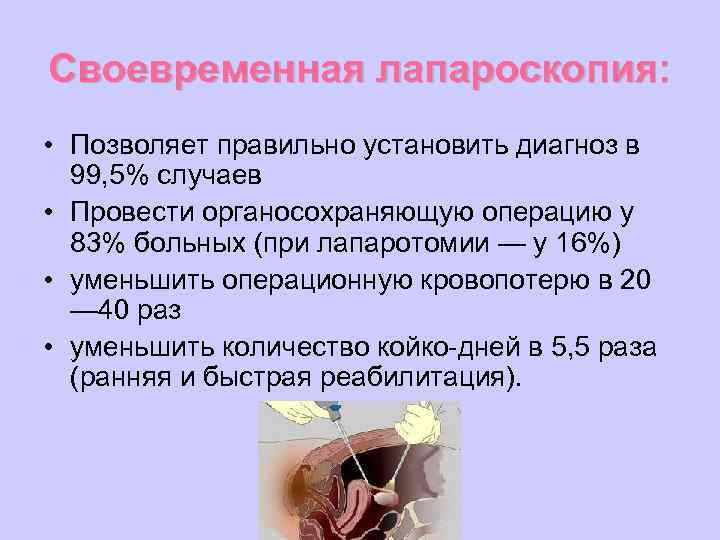 Своевременная лапароскопия: • Позволяет правильно установить диагноз в 99, 5% случаев • Провести органосохраняющую