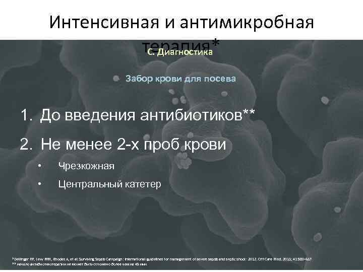 Интенсивная и антимикробная терапия* С. Диагностика Забор крови для посева 1. До введения антибиотиков**