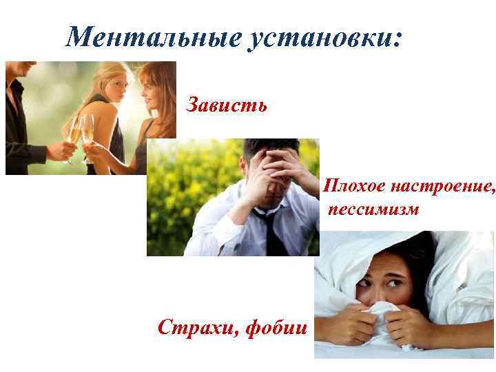 Ментальные установки: Зависть Плохое настроение, пессимизм Страхи, фобии 