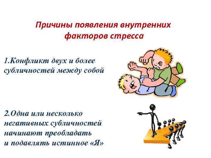 Причины появления внутренних факторов стресса 1. Конфликт двух и более субличностей между собой 2.