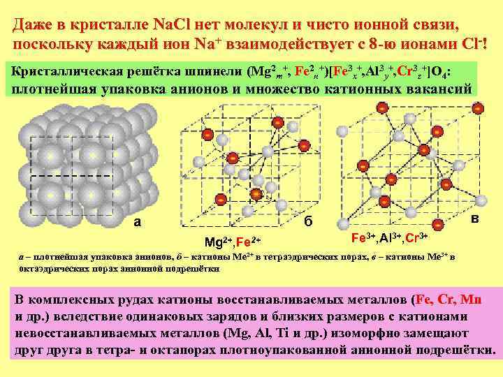 Даже в кристалле Na. Cl нет молекул и чисто ионной связи, поскольку каждый ион