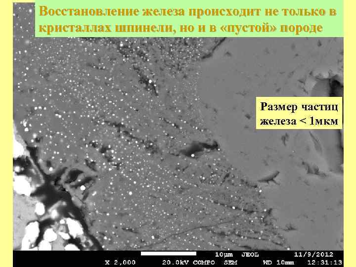 Восстановление железа происходит не только в кристаллах шпинели, но и в «пустой» породе Размер