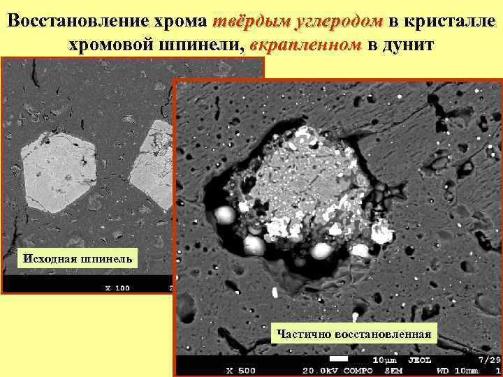 Восстановление хрома твёрдым углеродом в кристалле хромовой шпинели, вкрапленном в дунит Исходная шпинель Частично