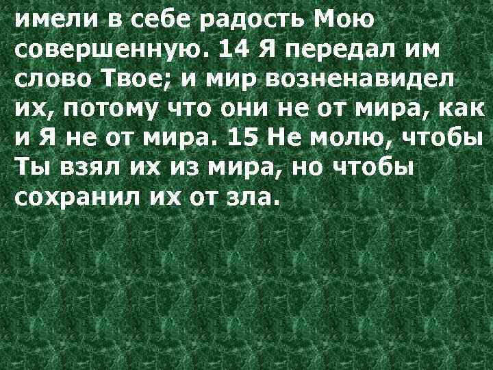 имели в себе радость Мою совершенную. 14 Я передал им слово Твое; и мир