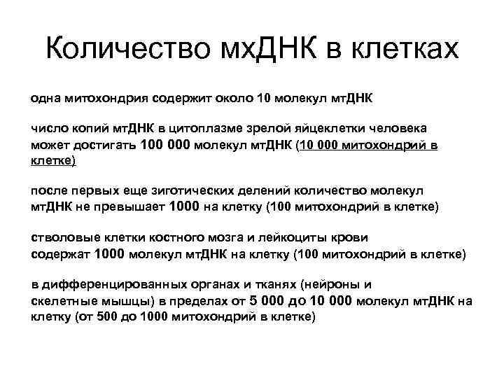 Количество мх. ДНК в клетках одна митохондрия содержит около 10 молекул мт. ДНК число