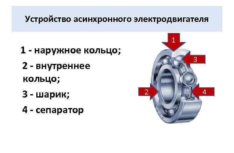 Устройство асинхронного электродвигателя 1 1 - наружное кольцо; 2 - внутреннее кольцо; 3 -