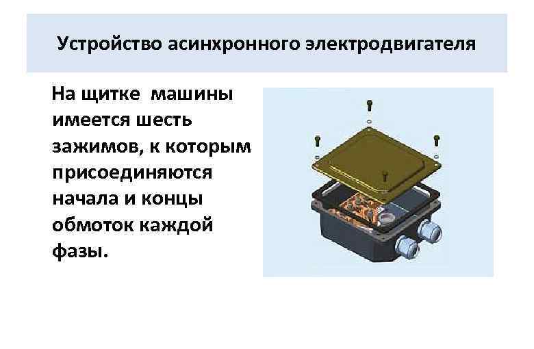 Устройство асинхронного электродвигателя На щитке машины имеется шесть зажимов, к которым присоединяются начала и