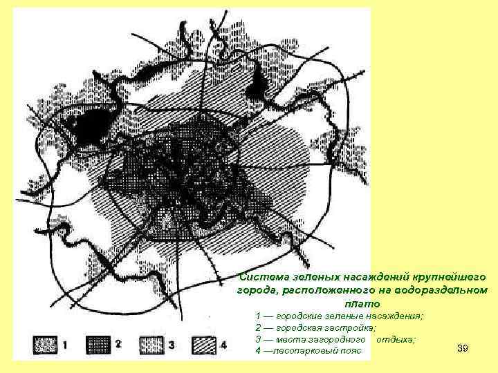 Система зеленых насаждений крупнейшего города, расположенного на водораздельном плато 1 — городские зеленые насаждения;