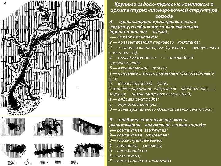 Крупные садово-парковые комплексы в архитектурно-планировочной структуре города А — архитектурно-пространственная структура садово-паркового комплекса (принципиальная