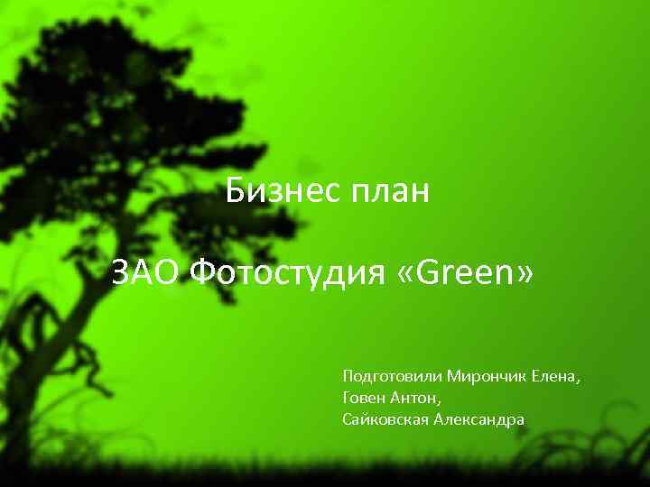 Бизнес план ЗАО Фотостудия «Green» Подготовили Мирончик Елена, Говен Антон, Сайковская Александра 