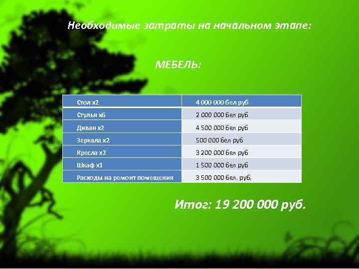 Необходимые затраты на начальном этапе: МЕБЕЛЬ: Стол х2 4 000 бел руб Стулья х6