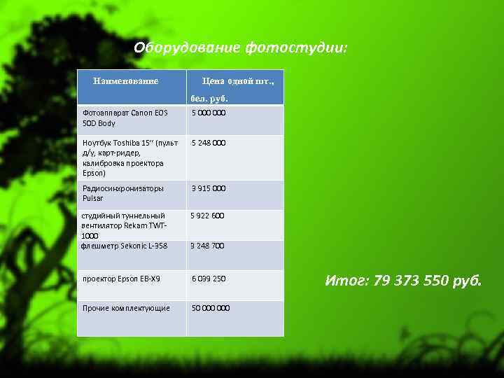 Оборудование фотостудии: Наименование Цена одной шт. , бел. руб. Фотоаппарат Canon EOS 50 D